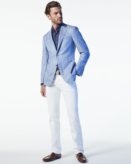 สูทหรือเชิ้ตสีฟ้า + กางเกงขายาวสีขาว